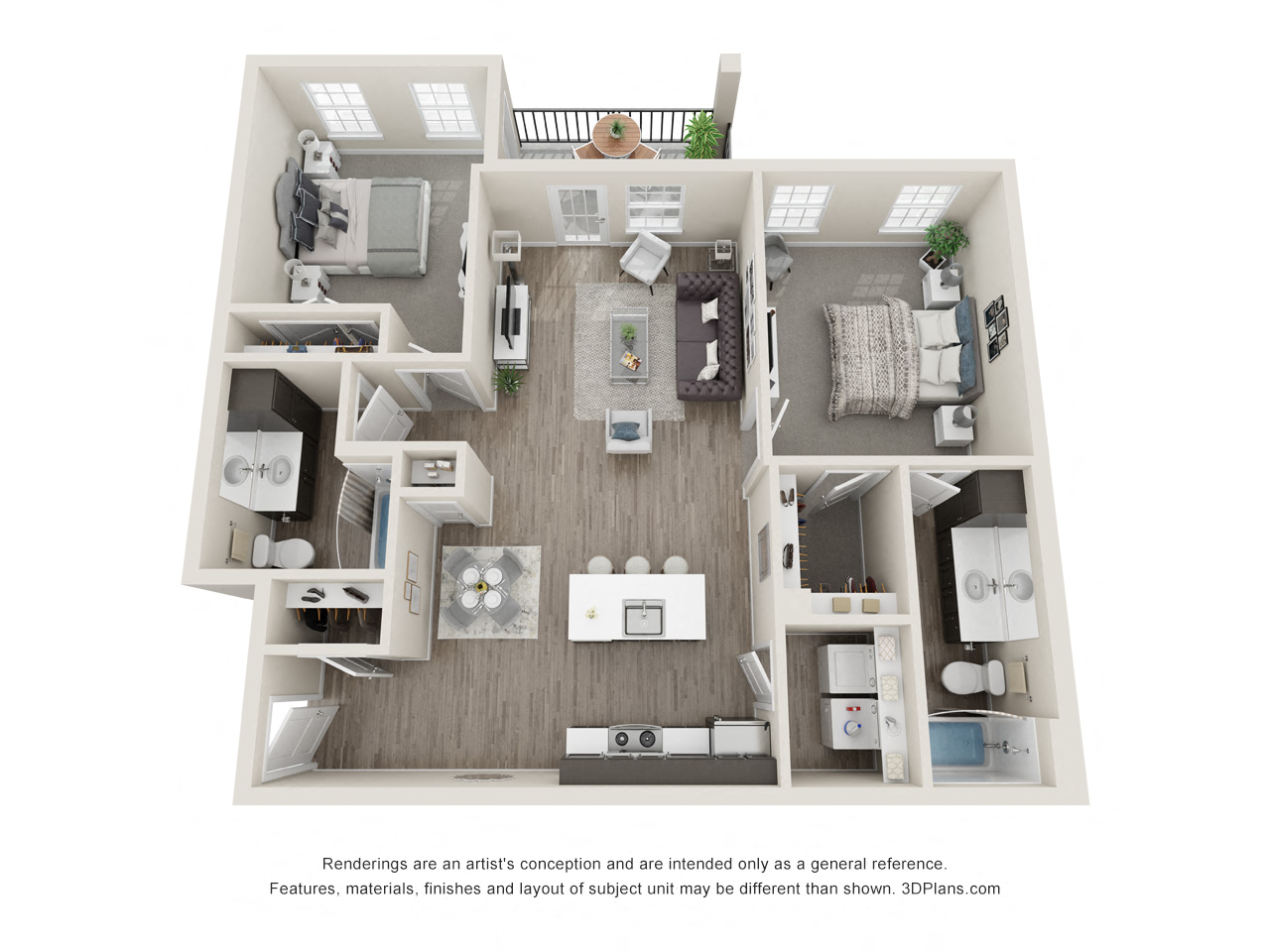 Floor plan for 2 beds, 2 baths, 1131 sqft
